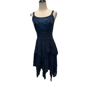 Y2K Boho Fairycore Navy Embroidered Smocked Handkerchief Hem Dress Whimsigoth